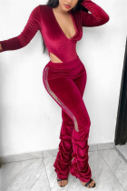 Wine Red Fashion Sexy Long Sleeve V Neck Regular Sleeve Regular Solid Two Pieces