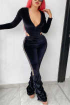 Black Fashion Sexy Long Sleeve V Neck Regular Sleeve Regular Solid Two Pieces