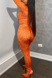 Orange Fashion Sexy Adult Print O Neck Long Sleeve Cap Sleeve Two Pieces