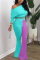 Cyan Sexy Adult Solid Hollowed Out Patchwork One Shoulder Long Sleeve Regular Sleeve Short Two Pieces