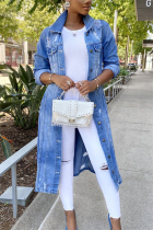 Blue Street Solid Ripped Turndown Collar Outerwear