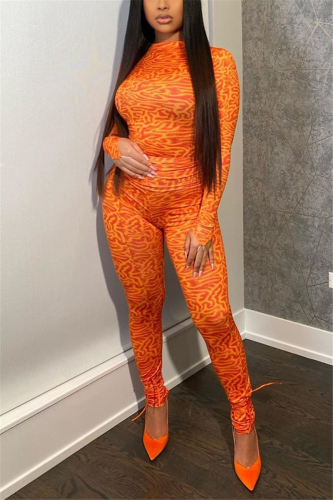 Orange Fashion Sexy Adult Print O Neck Long Sleeve Cap Sleeve Two Pieces