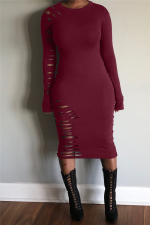 Wine Red Fashion Sexy Regular Sleeve Long Sleeve O Neck Mid Calf Solid Dresses