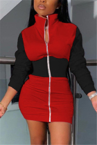 Red Sexy Daily Twilled Satin Patchwork Solid Patchwork Basic O Neck Long Sleeve Mini Pencil Skirt Dresses
