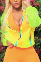 Fluorescent Green Fashion Hooded Collar Long Sleeve Regular Sleeve Patchwork Coats