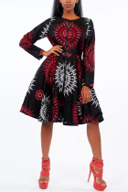 Black Fashion Casual Regular Sleeve Long Sleeve O Neck A Line Knee Length Print Dresses