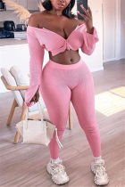 Pink Fashion Casual Long Sleeve V Neck Regular Sleeve Short Solid Two Pieces