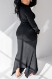 Khaki Fashion Casual Regular Sleeve Long Sleeve O Neck Asymmetrical Ankle Length Solid Dresses