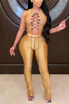 Gold Sexy Solid Patchwork Sleeveless Short Two Pieces