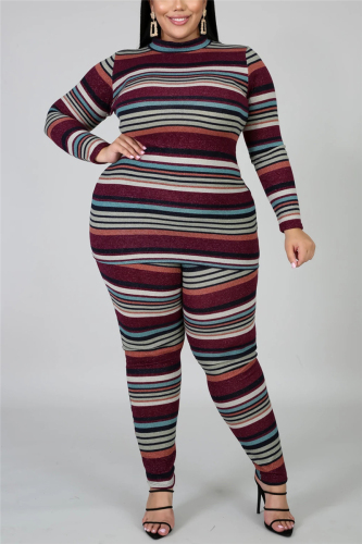 Red Fashion Casual Long Sleeve O Neck Regular Sleeve Regular Striped Print Two Pieces