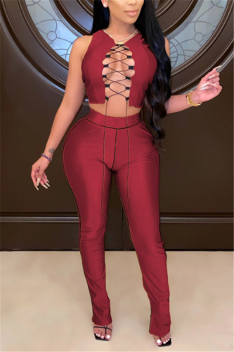 Red Sexy Solid Patchwork Sleeveless Short Two Pieces