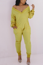 Yellow Sexy Casual Spandex Blends Solid V Neck Loose Jumpsuits