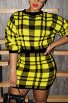 Black yellow Sexy Acrylic Print O Neck Long Sleeve Regular Sleeve Short Two Pieces