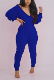 Blue Sexy Casual Spandex Blends Solid V Neck Loose Jumpsuits