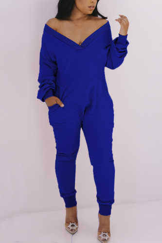 Blue Sexy Casual Spandex Blends Solid V Neck Loose Jumpsuits