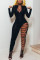 Black Fashion Sexy Adult Solid Ripped Patchwork V Neck Skinny Jumpsuits