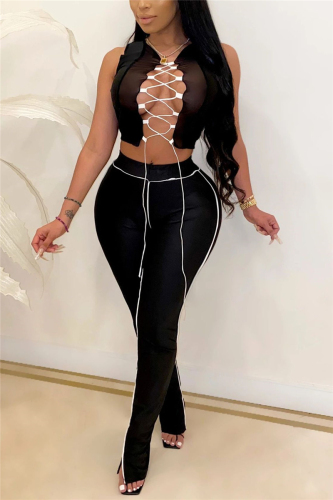 Black Sexy Solid Patchwork Sleeveless Short Two Pieces