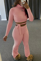 Pink Fashion Casual Adult Solid Patchwork O Neck Long Sleeve Regular Sleeve Short Two Pieces