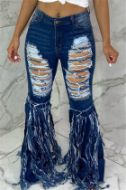 Deep Blue Fashion Casual Regular Solid Broken Hole Jeans