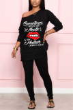 Black Fashion Sexy Adult Print Letter One Shoulder Long Sleeve Batwing Sleeve Regular Two Pieces