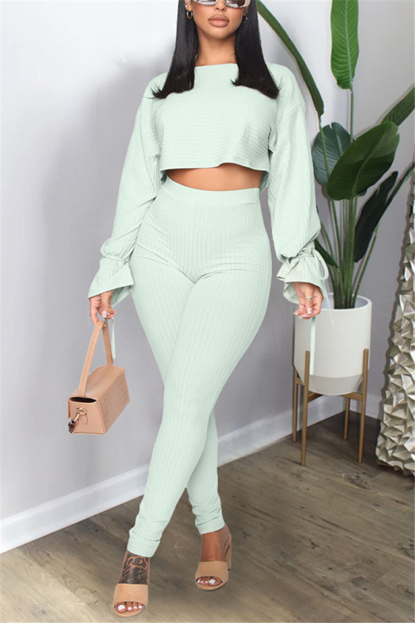 Light Green Casual Party Pit Article Fabrics Solid Bandage O Neck Long Sleeve Flare Sleeve Regular Two Pieces