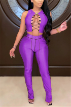 purple Sexy Solid Patchwork Sleeveless Short Two Pieces