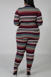 Red Fashion Casual Long Sleeve O Neck Regular Sleeve Regular Striped Print Two Pieces