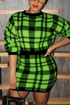 Green Sexy Acrylic Print O Neck Long Sleeve Regular Sleeve Short Two Pieces