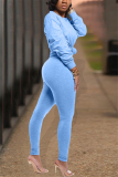 Light Blue Fashion Casual Long Sleeve O Neck Regular Sleeve Regular Solid Two Pieces