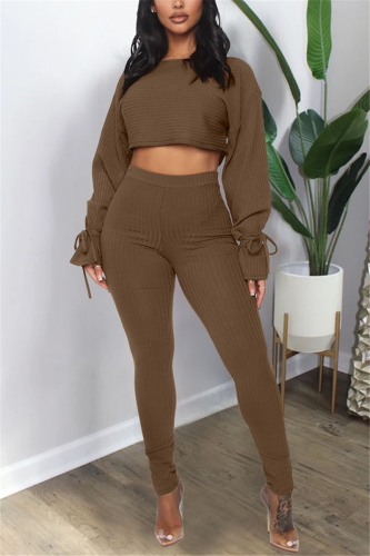 Coffee Casual Party Pit Article Fabrics Solid Bandage O Neck Long Sleeve Flare Sleeve Regular Two Pieces
