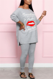 Grey Fashion Sexy Adult Print Letter One Shoulder Long Sleeve Batwing Sleeve Regular Two Pieces