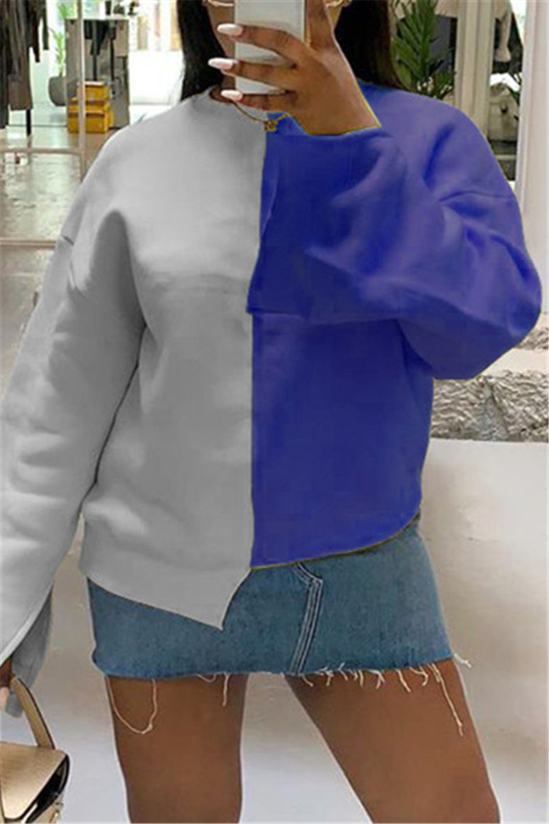

Blue and gray Casual Sportswear Patchwork Solid Patchwork Slit Pullovers O Neck Tops