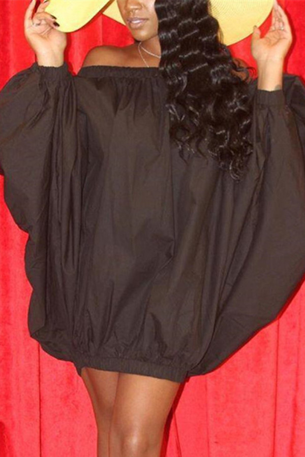 Black Fashion Long Sleeve Bateau Neck Lantern Dress Mini Solid Dresses