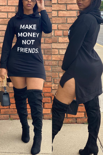 Black Casual Letter O Neck Long Sleeve Knee Length Dresses