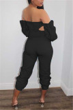 Black Casual Print Pants Bateau Neck Jumpsuits
