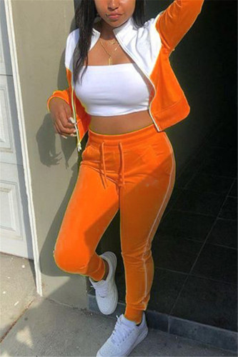 Orange Fashion Sportswear Adult Patchwork Solid Patchwork O Neck Long Sleeve Regular Sleeve Regular Two Pieces