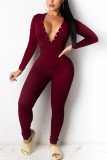 Wine Red Fashion Sexy Adult Solid Buttons V Neck Skinny Jumpsuits
