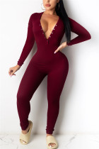 Wine Red Fashion Sexy V Neck Long Sleeve Regular Sleeve Skinny Solid Jumpsuits