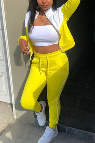 Yellow Fashion Sportswear Adult Patchwork Solid Patchwork O Neck Long Sleeve Regular Sleeve Regular Two Pieces