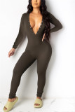 Green Fashion Sexy Adult Solid Buttons V Neck Skinny Jumpsuits