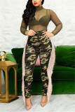 Green Fashion Casual Regular Camouflage Print Patchwork Jeans