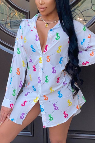 White Fashion Sexy Regular Sleeve Long Sleeve Turndown Collar Shirt Dress Mini Print Dresses