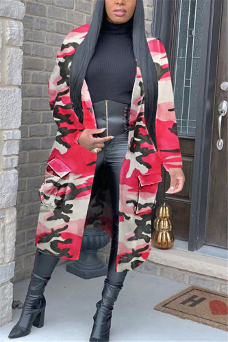 Pink Fashion Sexy Adult Camouflage Print Pocket Cardigan Turndown Collar Outerwear