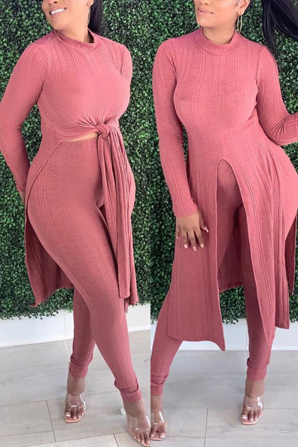 Pink Casual Solid O Neck Long Sleeve Regular Sleeve Two Pieces