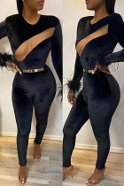 Black Fashion Sexy O Neck Long Sleeve Regular Sleeve Skinny Jumpsuits (Without Belt)