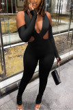 Black Fashion Casual Adult Solid Hollowed Out Fold V Neck Skinny Jumpsuits