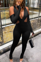 Black Fashion Sexy V Neck Long Sleeve Off The Shoulder Skinny Solid Jumpsuits