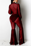 Red Fashion Sexy Turndown Collar Long Sleeve Regular Sleeve Regular Patchwork Jumpsuits