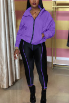 Purple Fashion Casual Long Sleeve Zipper Collar Regular Sleeve Regular Patchwork Two Pieces