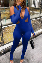 Blue Fashion Sexy V Neck Long Sleeve Off The Shoulder Skinny Solid Jumpsuits